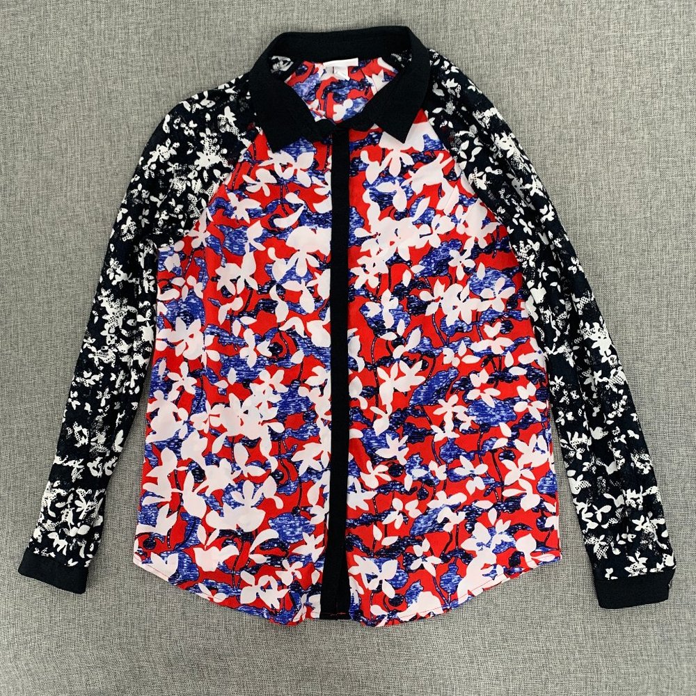 Peter Pilotto Button Down Floral Blouse Red Black White Blue Lace Long Sleeves‎